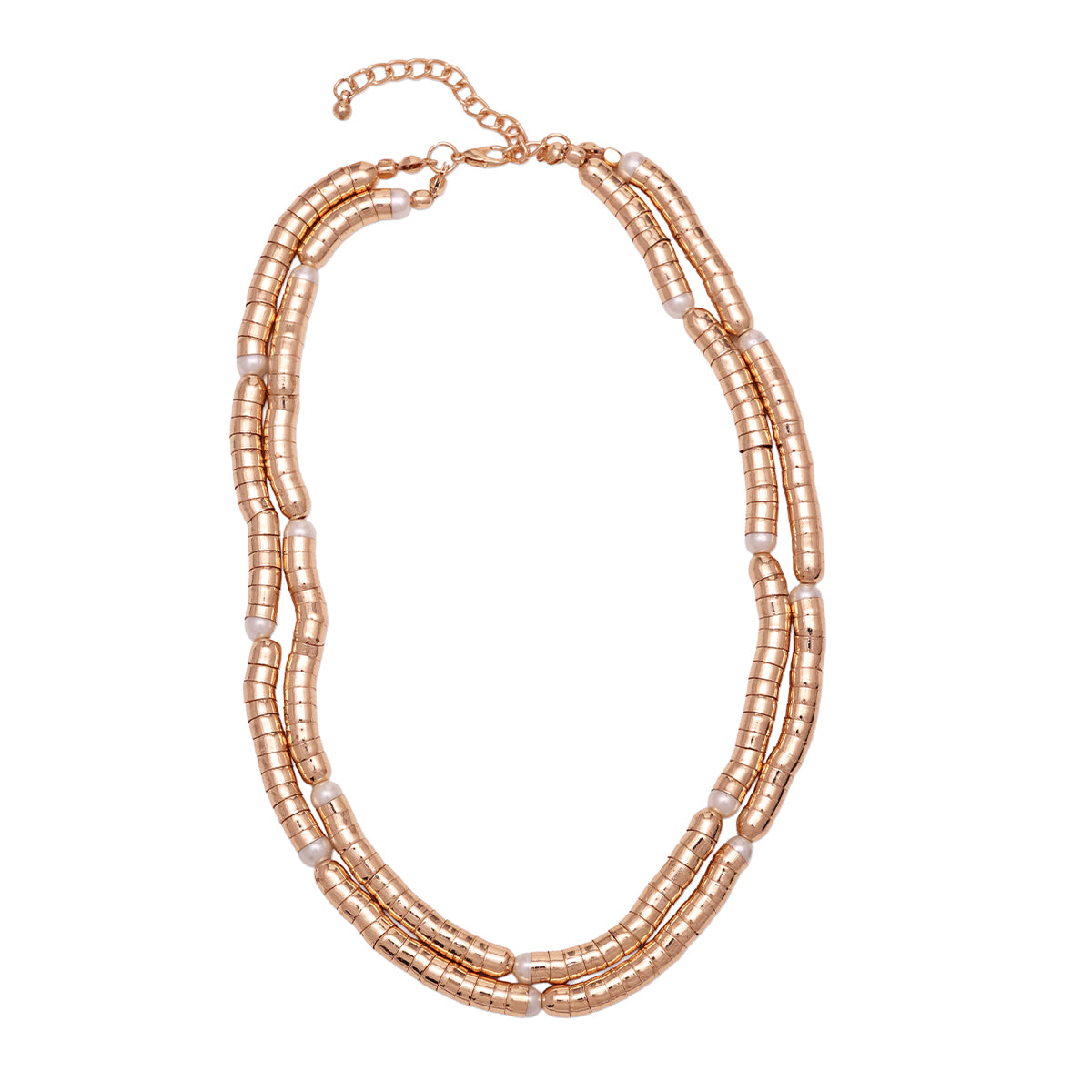 Chunky Dual-Strand Gold Tube Bead Necklace with Pearl Accents