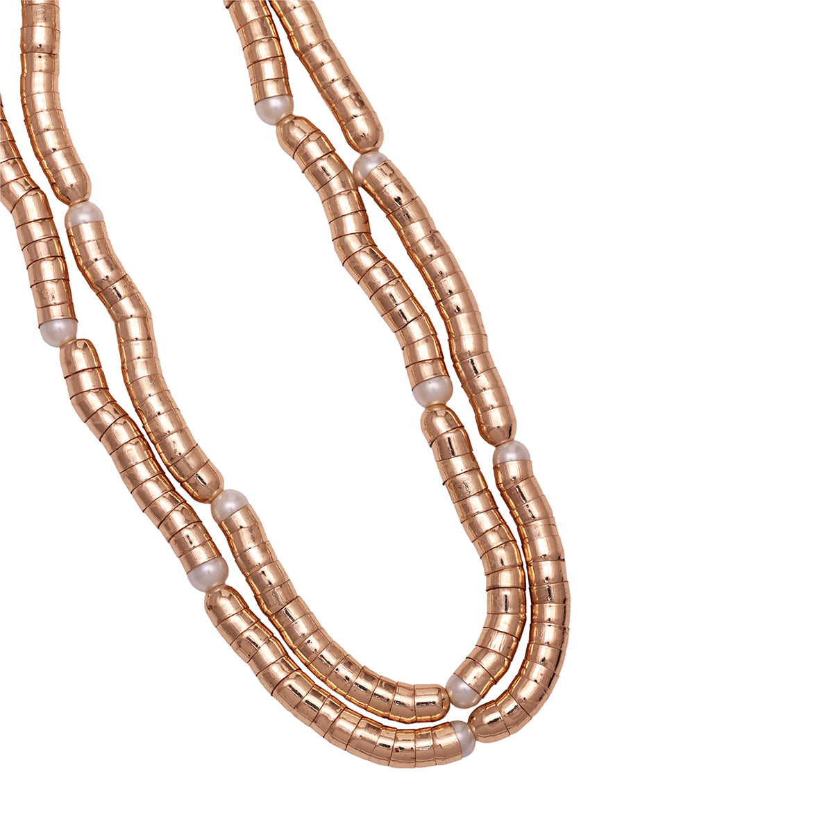 Chunky Dual-Strand Gold Tube Bead Necklace with Pearl Accents