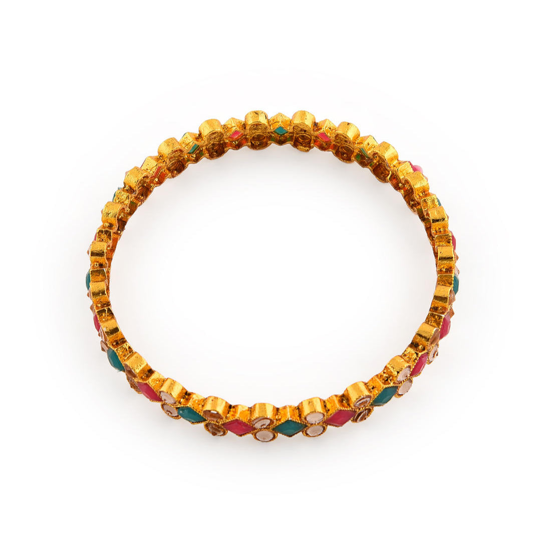 Set of 4 gold-plated geometric bangles studded with ruby red and emerald green stones, traditional Indian jewellery for women, perfect for weddings, parties, and festive ethnic outfits