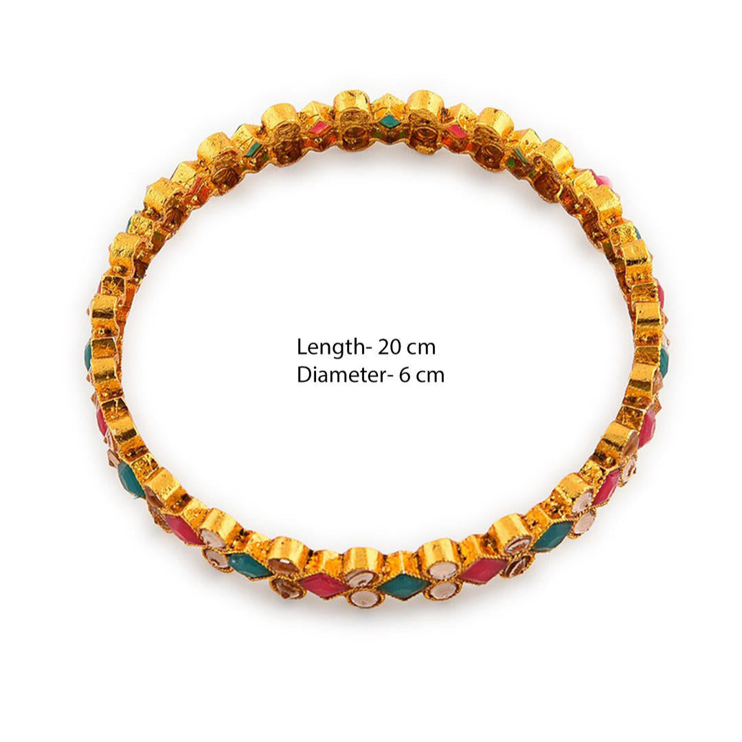 Set of 4 gold-plated geometric bangles studded with ruby red and emerald green stones, traditional Indian jewellery for women, perfect for weddings, parties, and festive ethnic outfits diameter