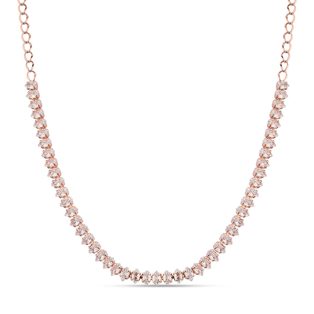 a rose gold plated necklace and earrings jewellery set with intricate motifs and American Diamond stones.