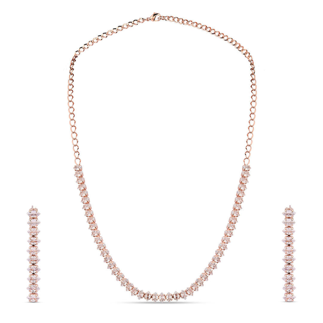 a rose gold plated necklace and earrings jewellery set with intricate motifs and American Diamond stones.