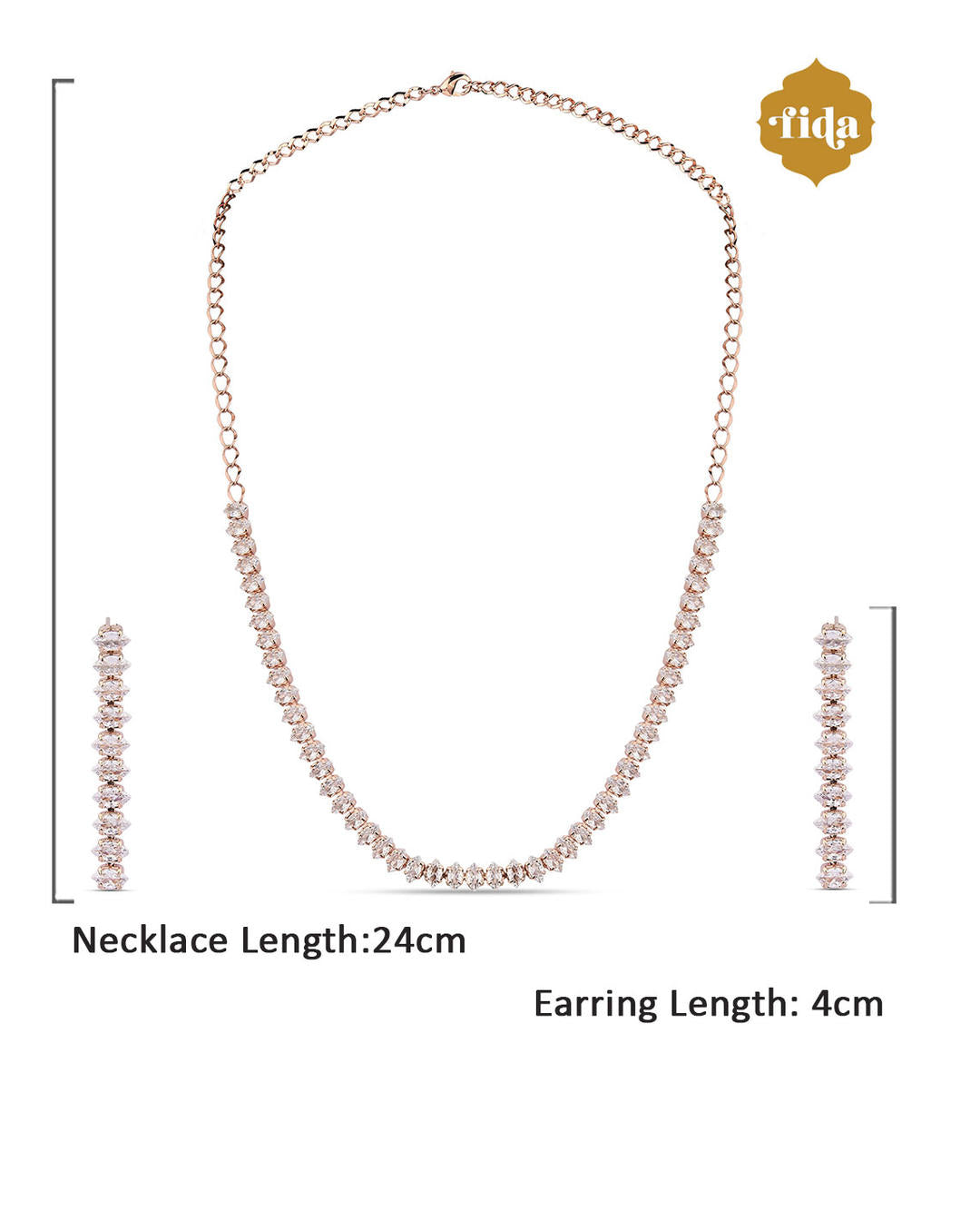 a rose gold-plated necklace and earrings jewellery set with intricate motifs and American Diamond stones.