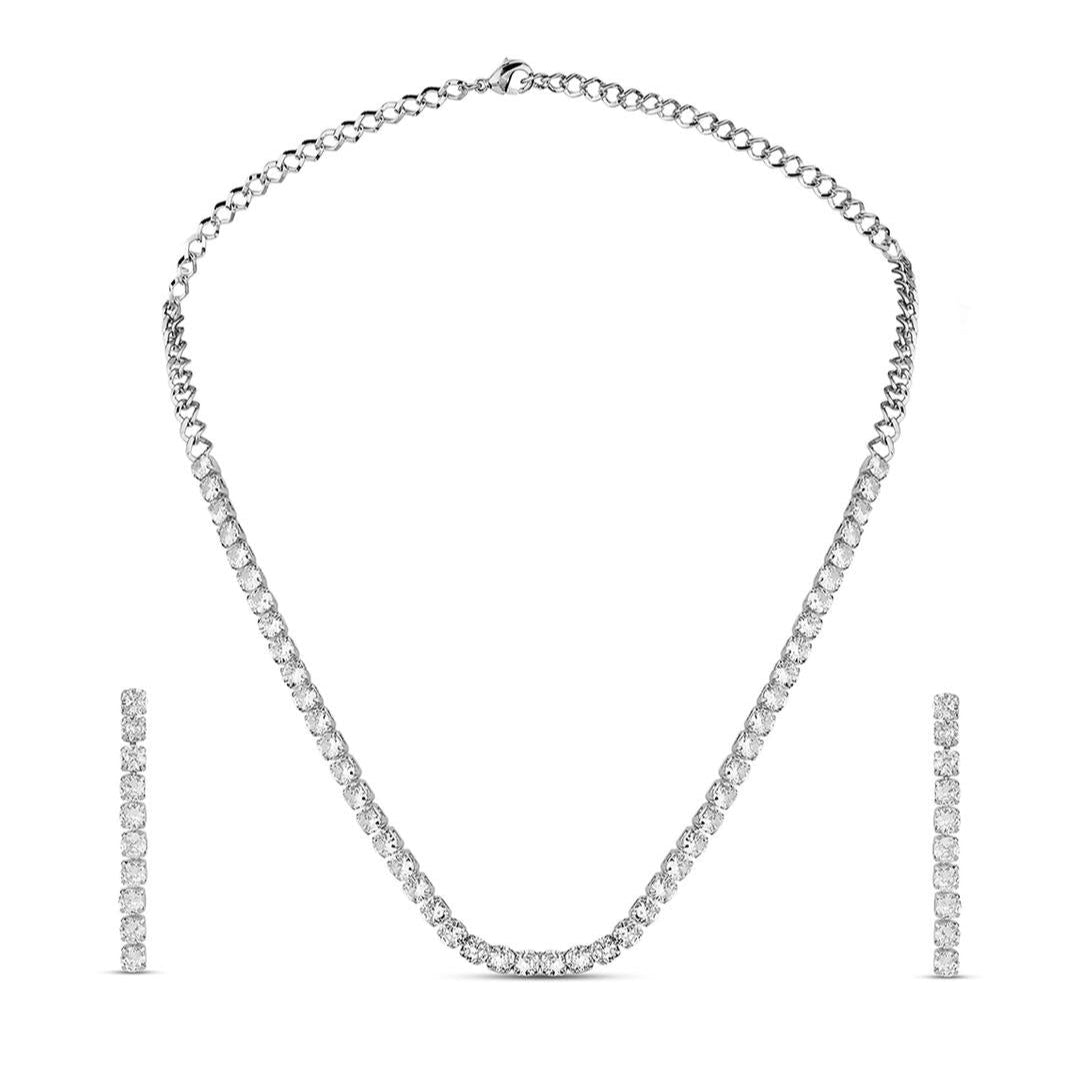 a silver plated necklace and earrings jewellery set with intricate motifs and American Diamond stones.