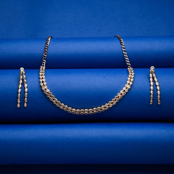 a rose gold plated double layered jewellery set with a necklace and earrings.