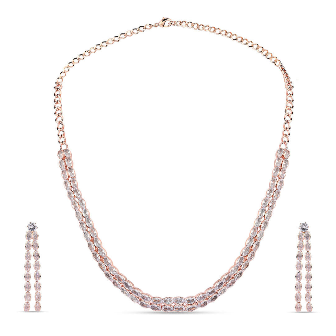 a rose gold plated double layered jewellery set with a necklace and earrings.