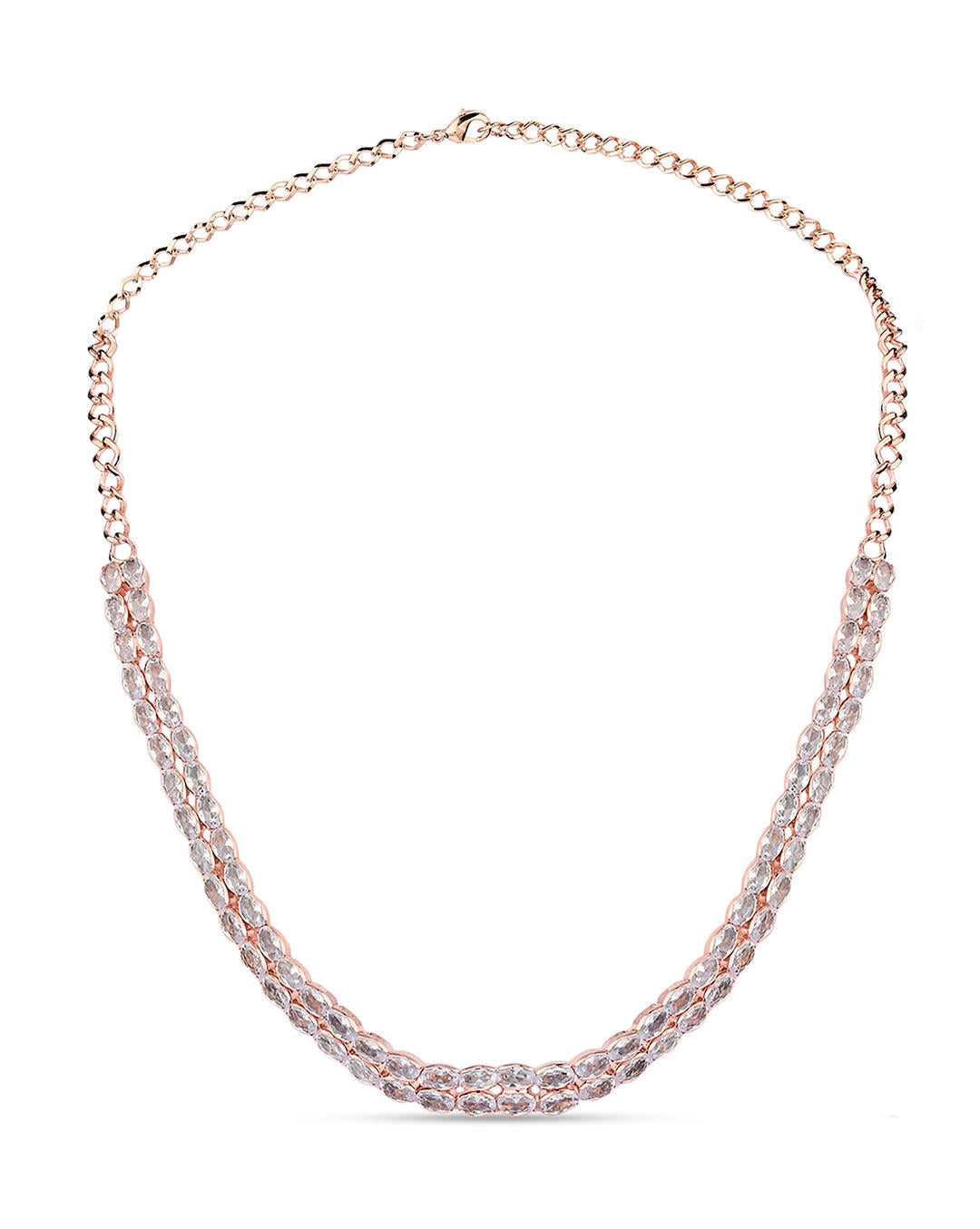 a rose gold plated double layered jewellery set with a necklace and earrings.