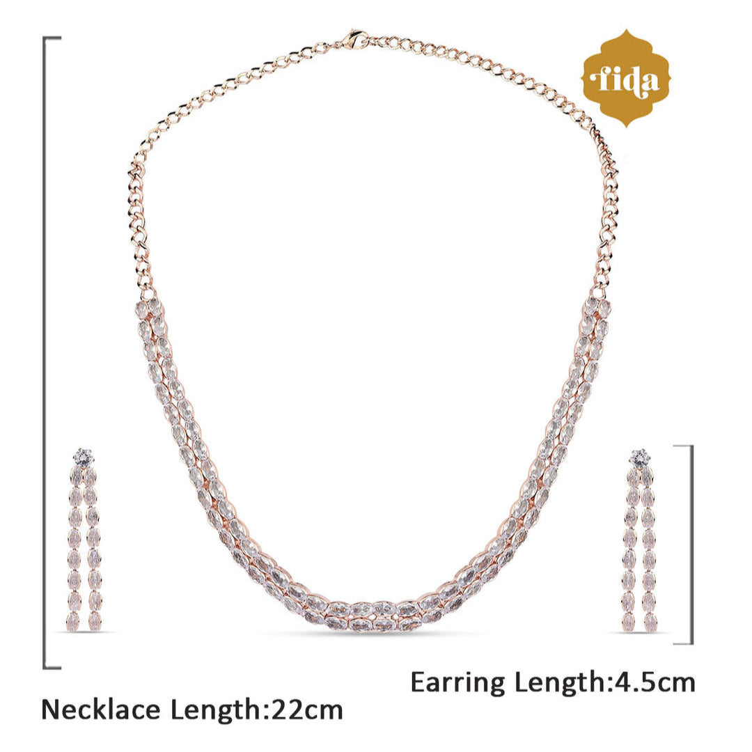 a rose gold plated double layered jewellery set with a necklace and earrings dimension