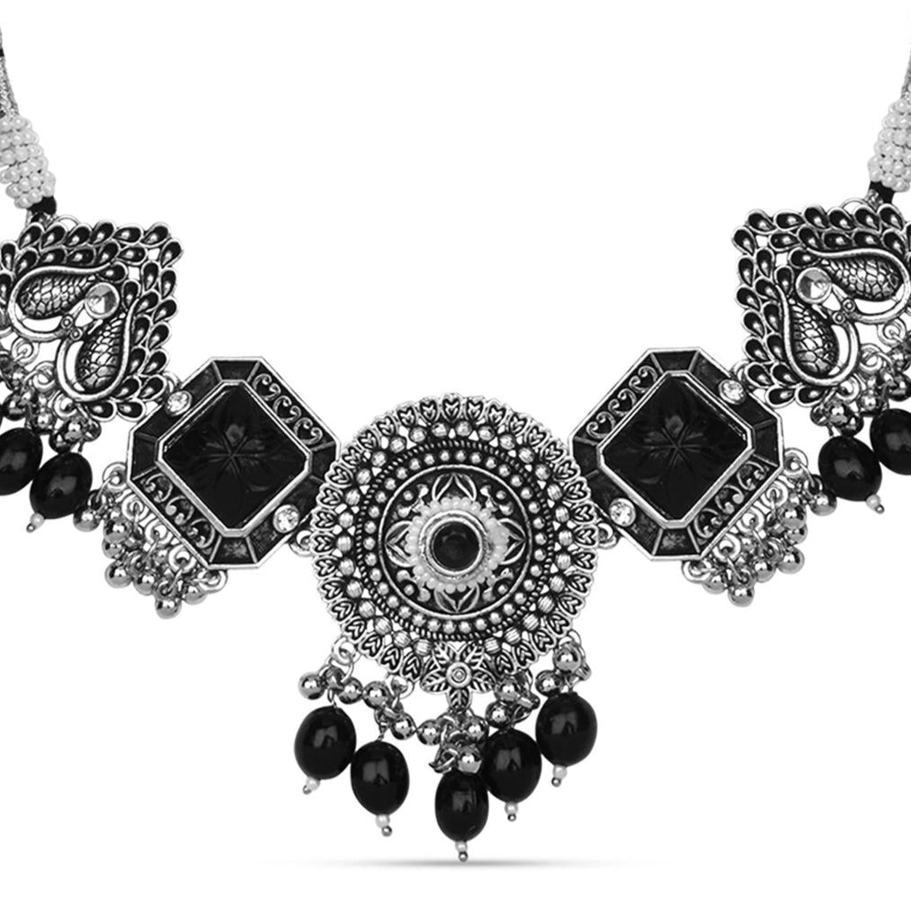 a silver-plated oxidised black beaded peacock jewellery set which includes a necklace and a pair of earrings.