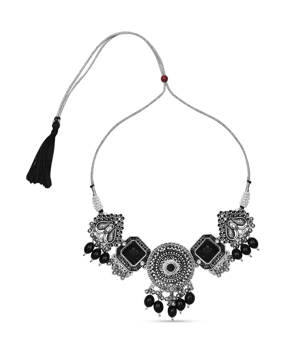 a silver-plated oxidised black beaded peacock jewellery set which includes a necklace and a pair of earrings.