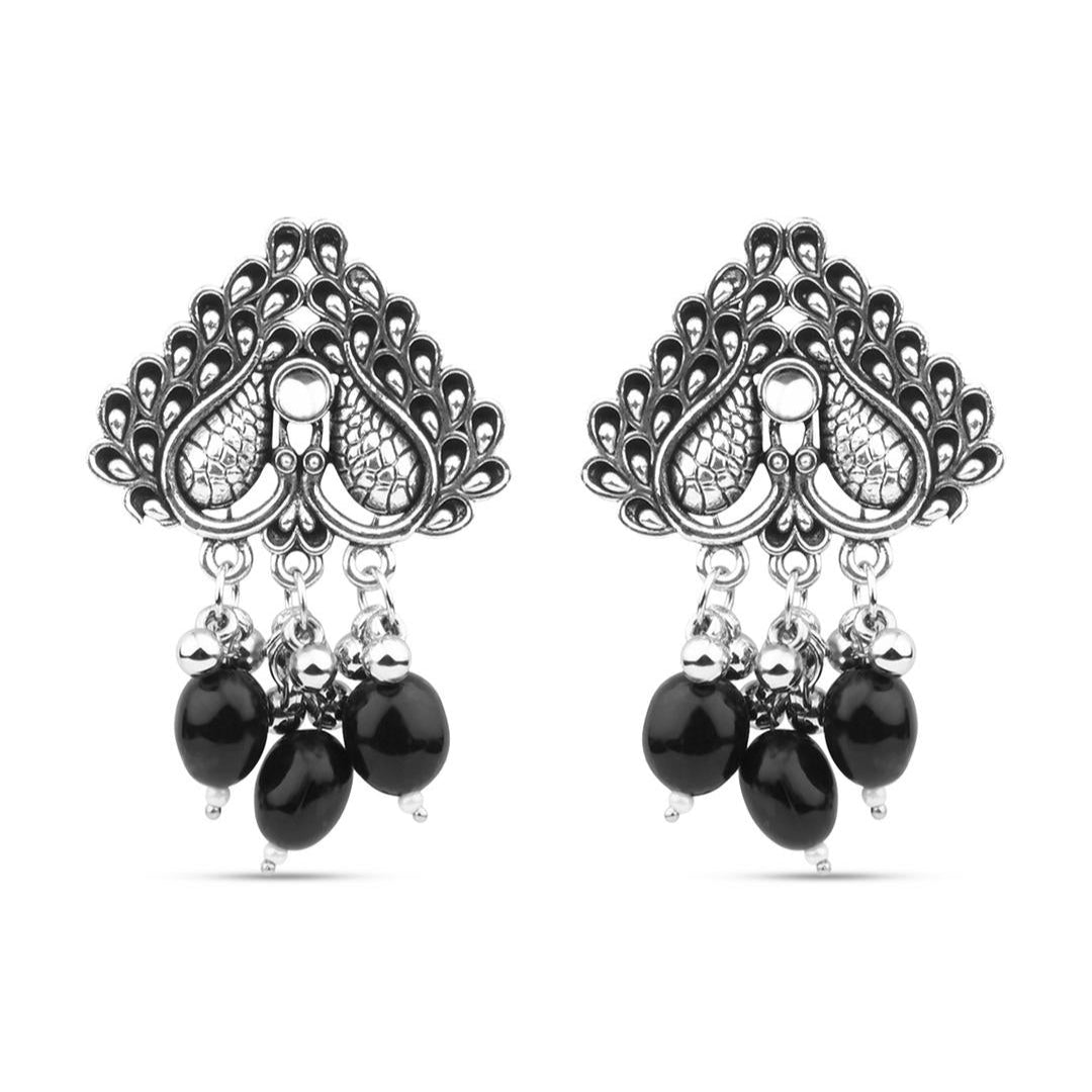 a silver-plated oxidised black beaded peacock pair of earrings.