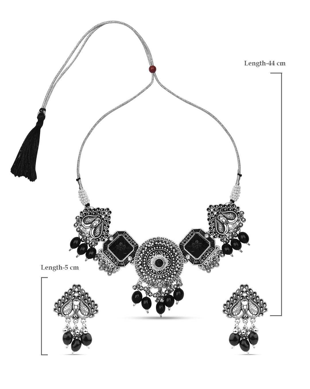 a silver-plated oxidised black beaded peacock jewellery set which includes a necklace and a pair of earrings dimension