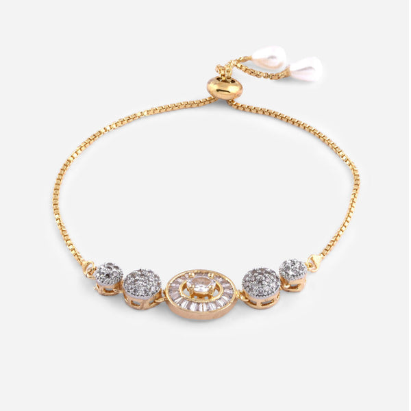 A gold plated bracelet with round charms adorned with American diamond stones, featuring an adjustable design. ToniQ jewellery is skin safe, nickel free, cadmium free, hypoallergenic, and lab tested for your comfort and trust.