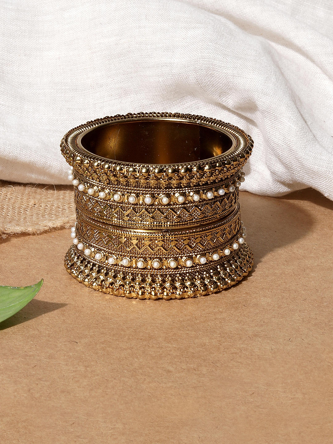 Fida ethnic gold-plated bangles with bold design and pearl accents – classic traditional jewellery set of 2 for women