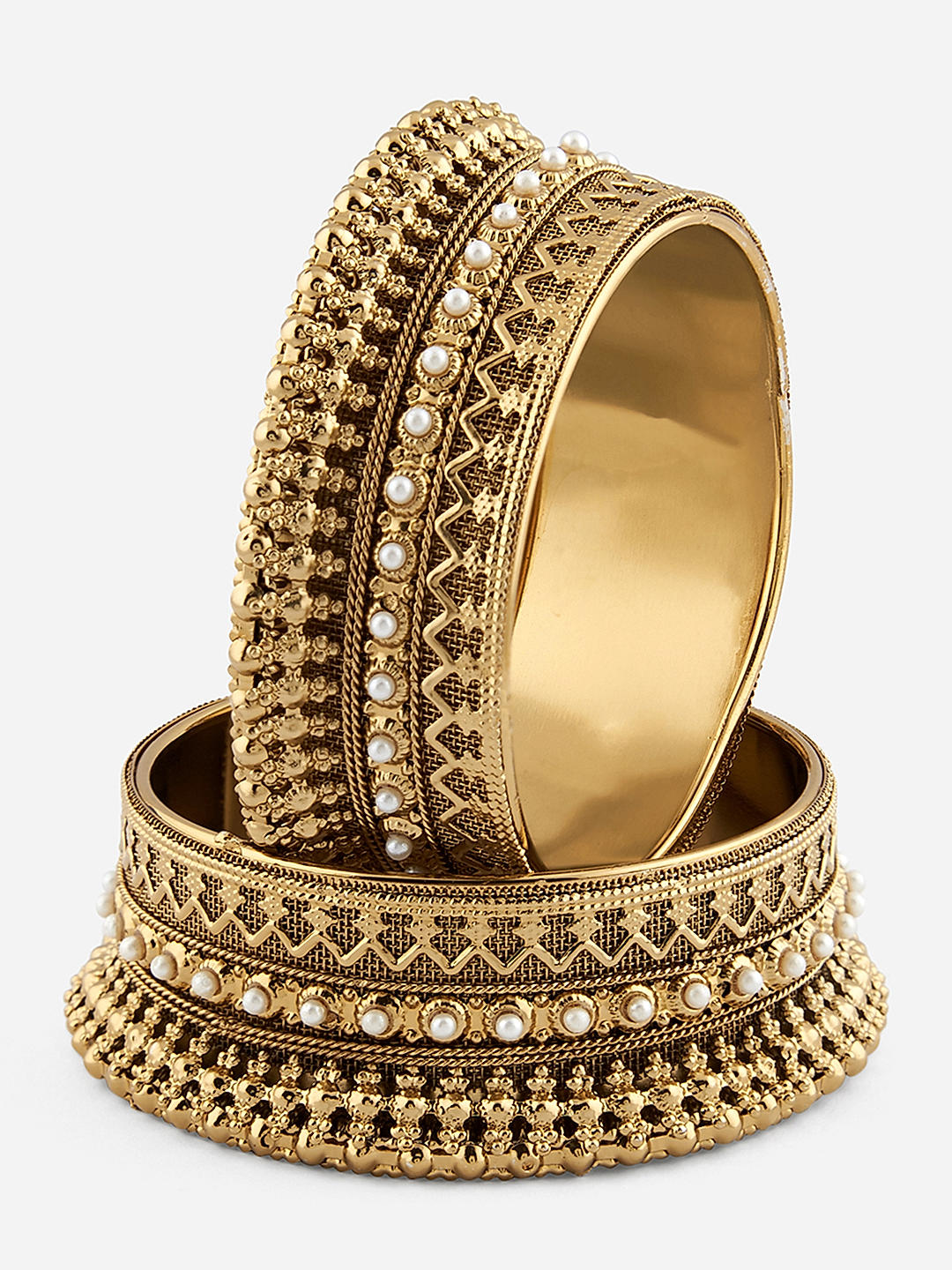 Fida ethnic gold-plated bangles with bold design and pearl accents – classic traditional jewellery set of 2 for women