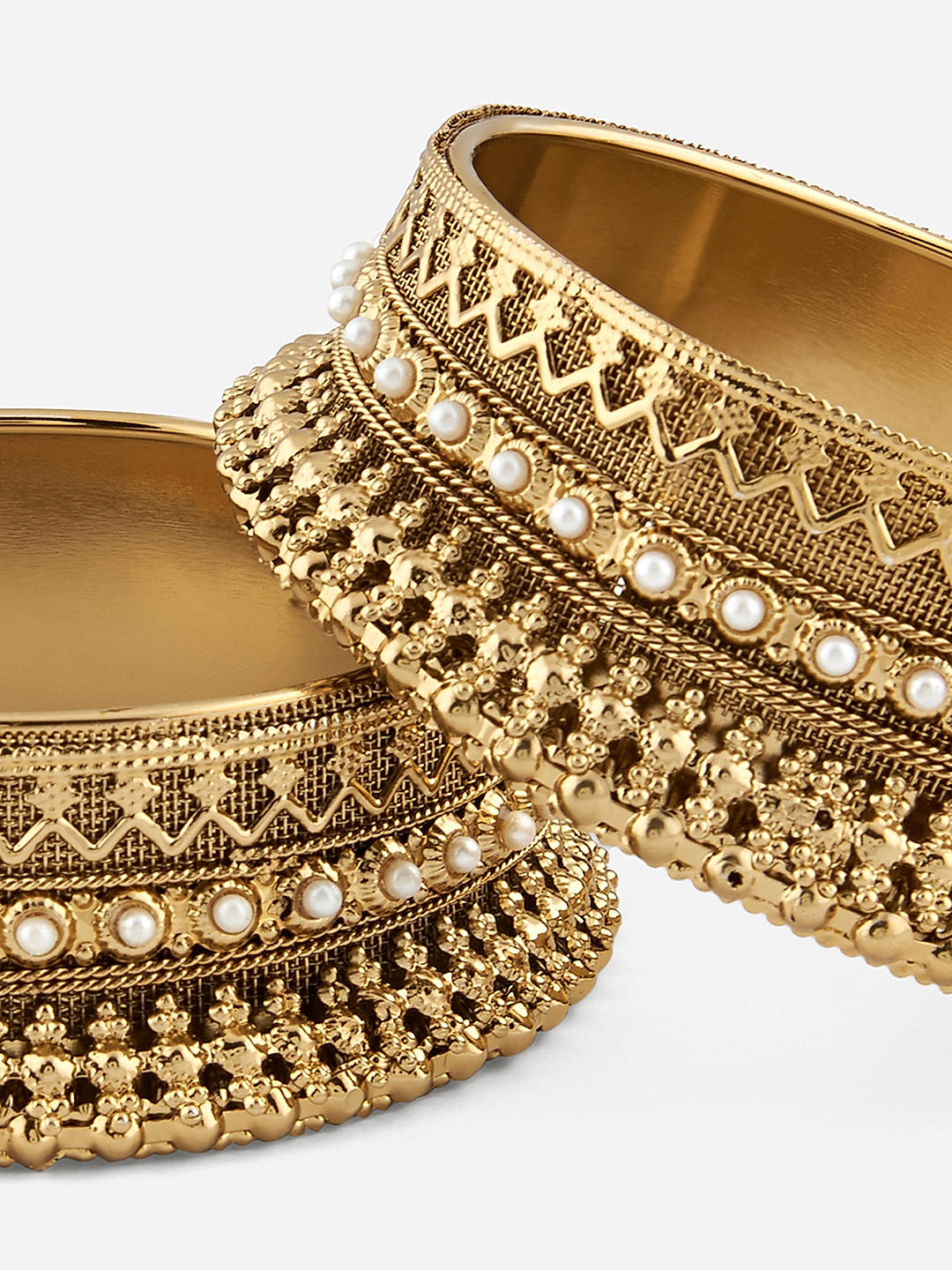 Fida ethnic gold-plated bangles with bold design and pearl accents – classic traditional jewellery set of 2 for women closeup