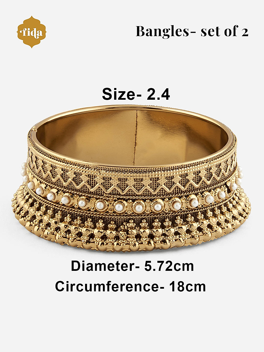 Fida ethnic gold-plated bangles with bold design and pearl accents – classic traditional jewellery set of 2 for women dimension
