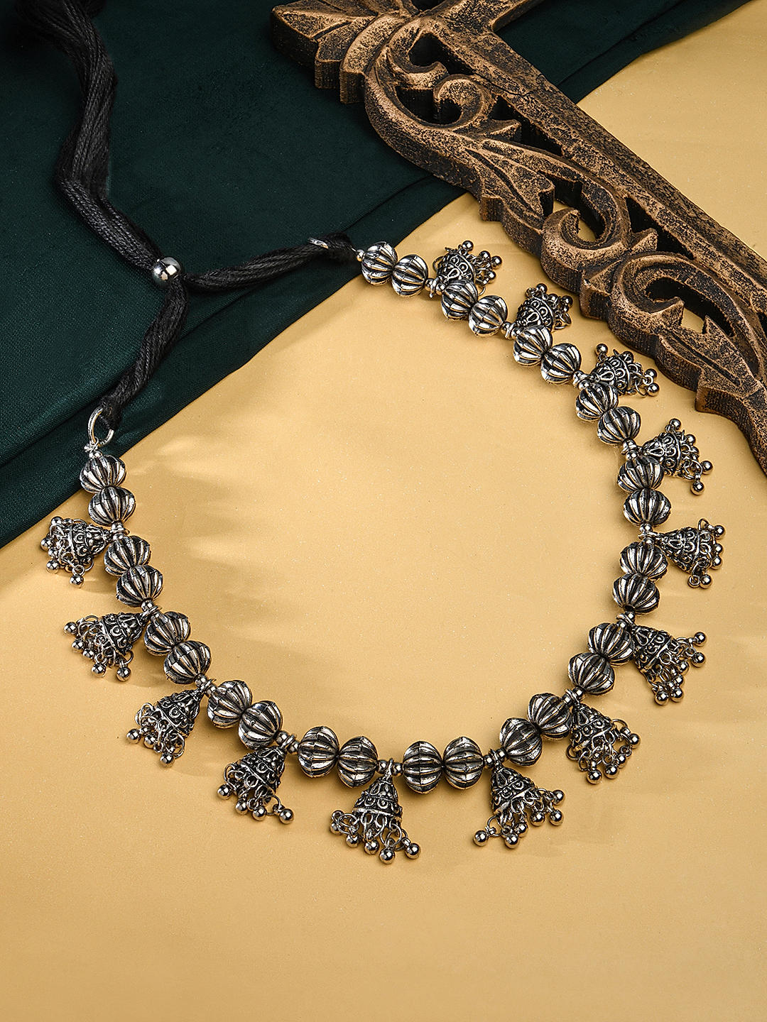 Fida Ethnic Silver Plated Oxidised Jhumka Drop Necklace For Women