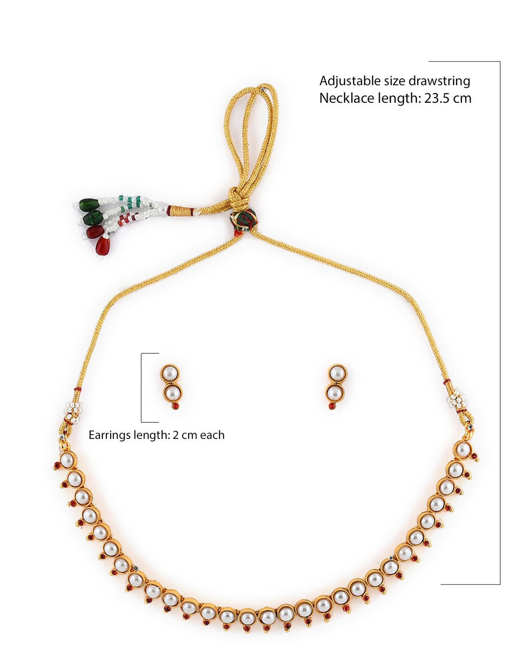 a gold-plated necklace and earrings set with white pearls and fuchsia stones dimension.