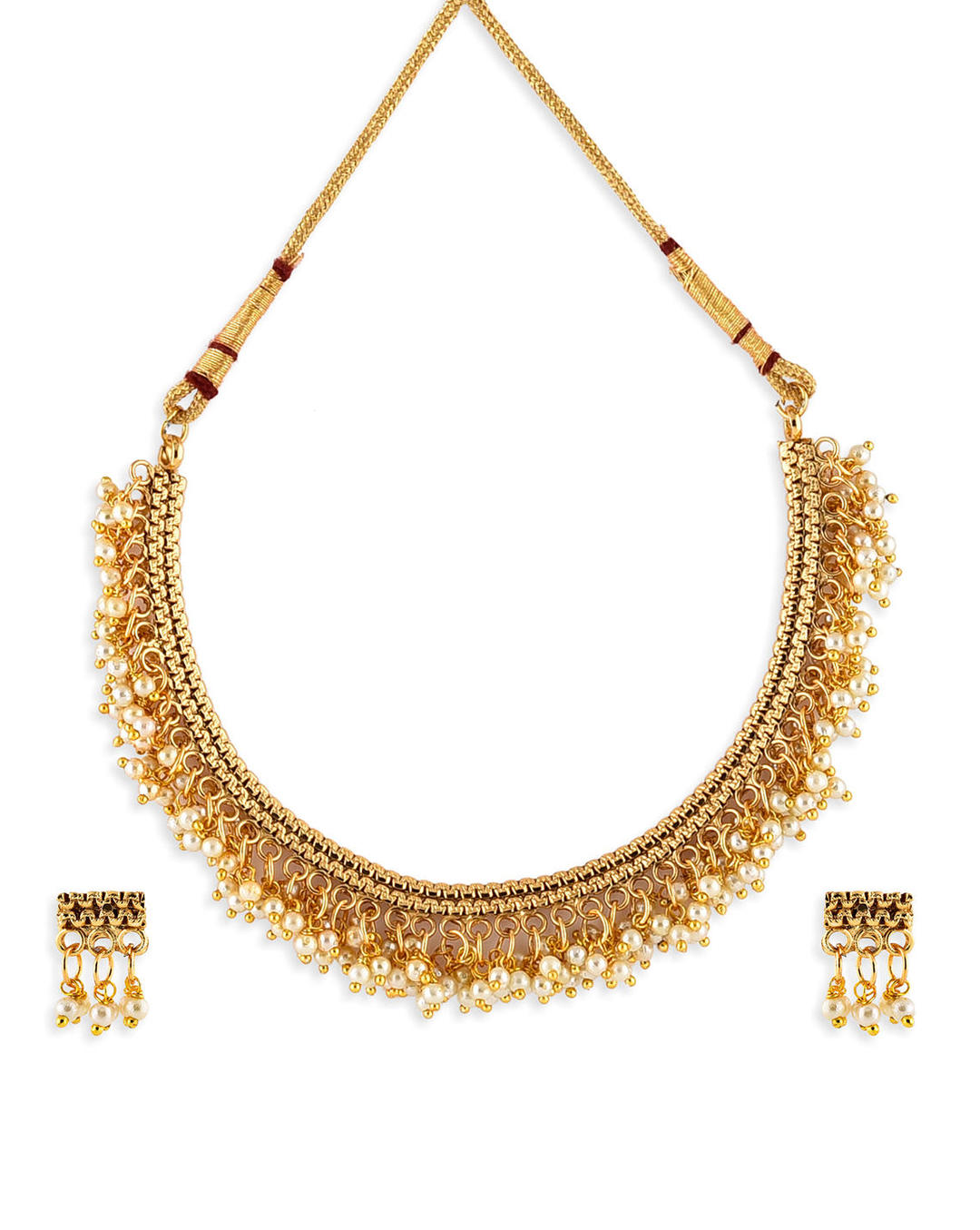 a gold-plated necklace with white beads, along with matching earrings, showcasing a piece of temple jewellery.