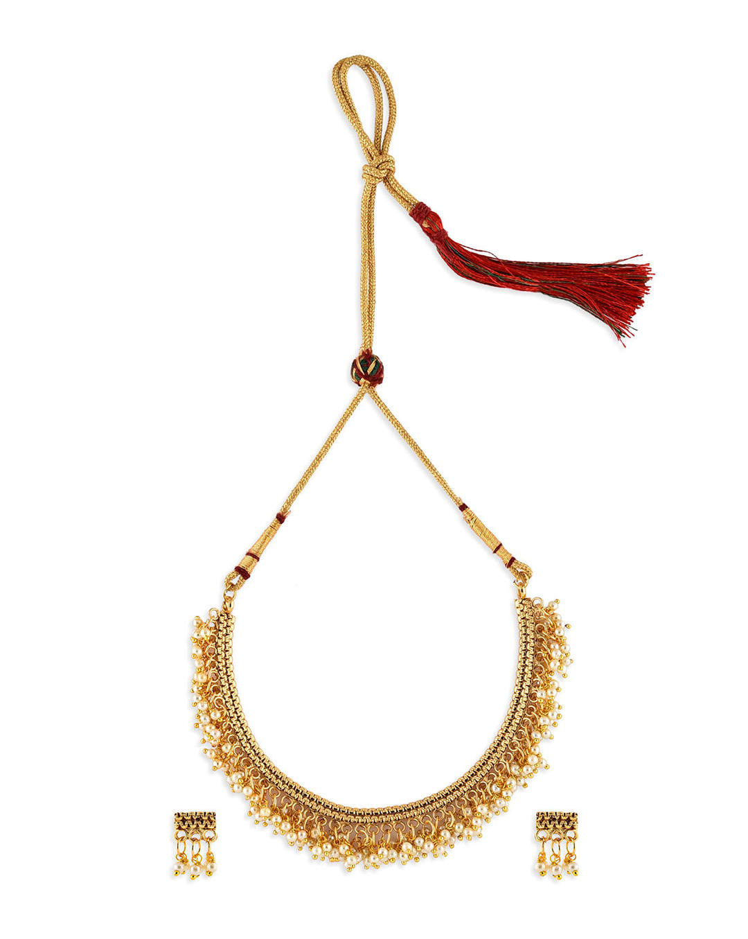 a gold-plated necklace with white beads, along with matching earrings, showcasing a piece of temple jewellery.