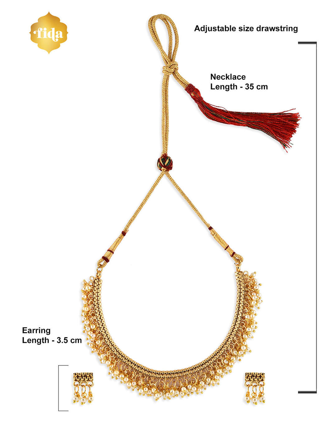 a gold-plated necklace with white beads, along with matching earrings, showcasing a piece of temple jewellery dimension