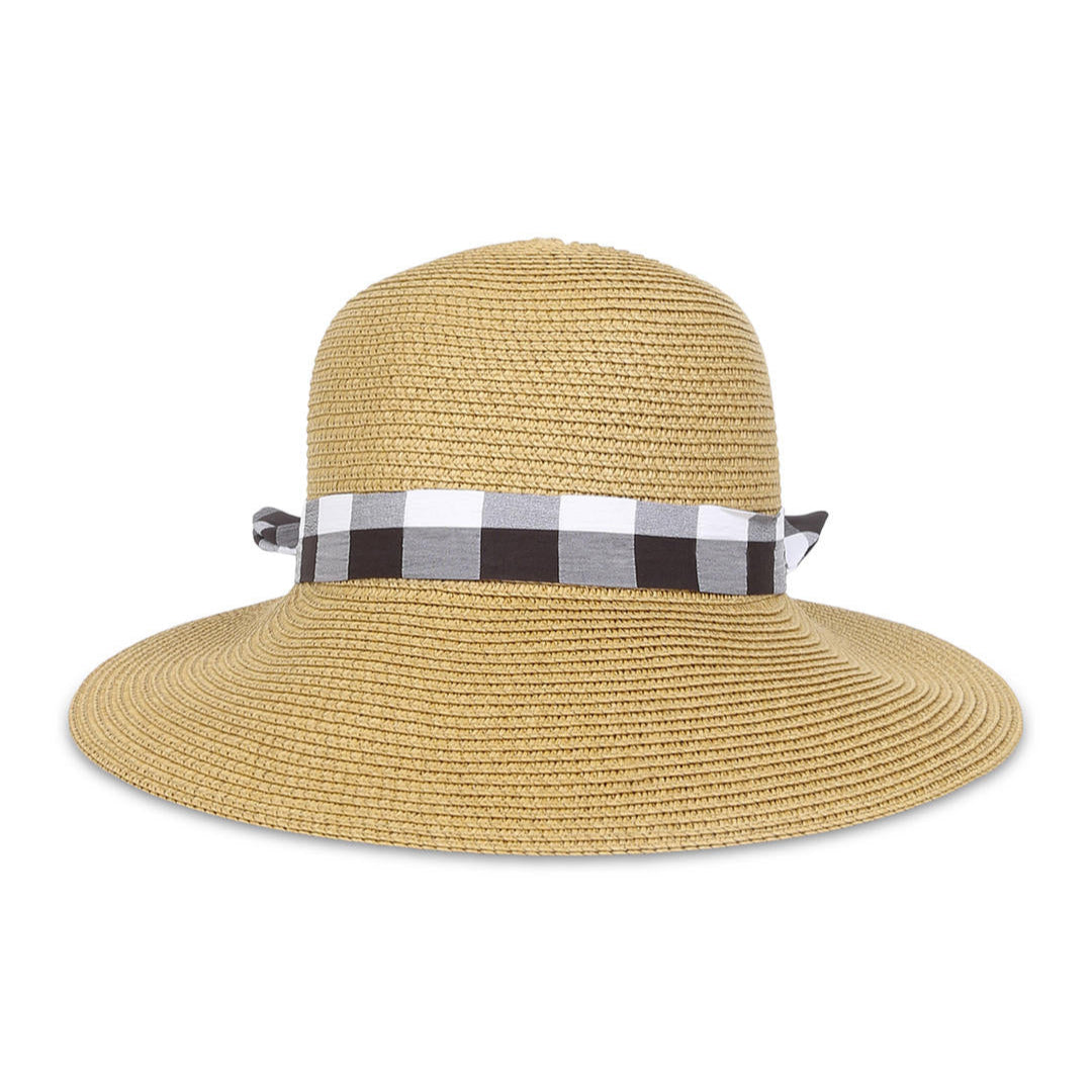 A beige beach hat with a black-and-white checked scarf tied around the base.