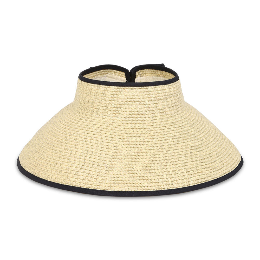 A beige sun visor with black edging and a bow at the back.