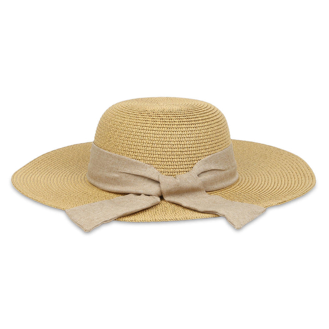 A beige beach hat made from papyrus with a khaki scarf tied around the base.