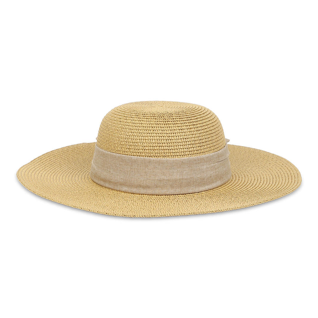 A beige beach hat made from papyrus with a khaki scarf tied around the base.