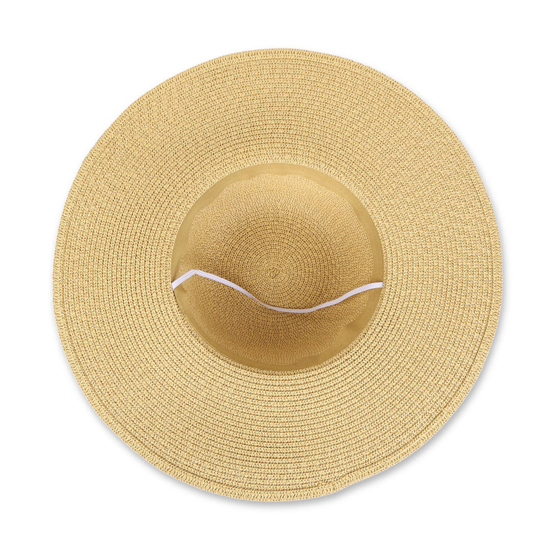 A beige beach hat made from papyrus with a khaki scarf tied around the base.