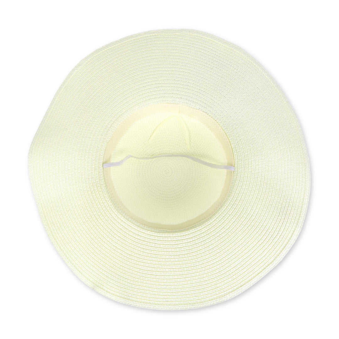A white beach hat with an ivory floral scarf tied around the brim.