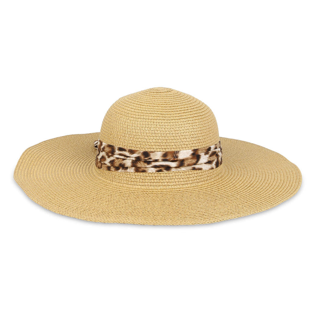 A beige beach hat with a wide brim, adorned with a leopard print scarf.