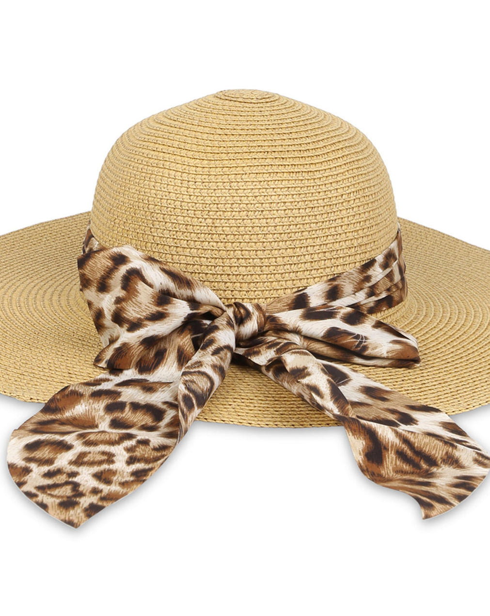 A beige beach hat with a wide brim, adorned with a leopard print scarf.