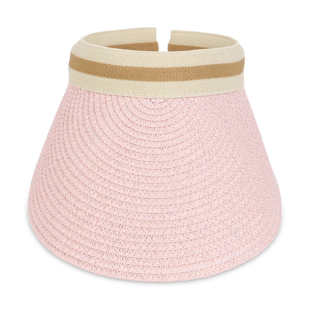 A pink sun visor hat with a woven texture and a beige band.