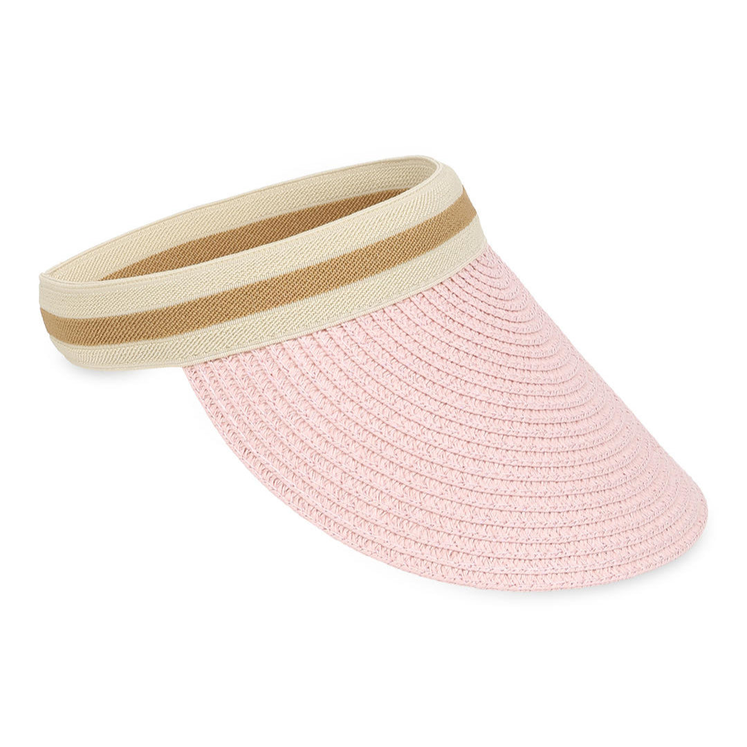 A pink sun visor hat with a woven texture and a beige band.