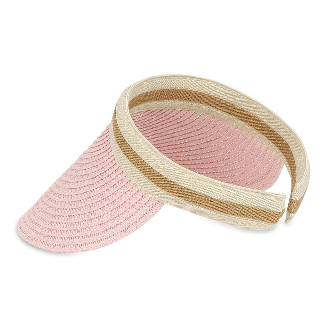A pink sun visor hat with a woven texture and a beige band.