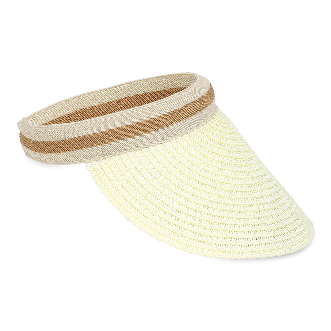 A white visor hat with a beige curved brim.