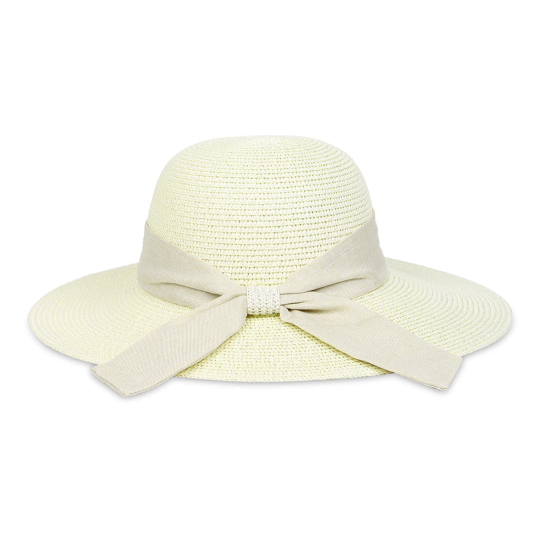 A white beach hat with a tan scarf tied around the base, made from woven straw material.