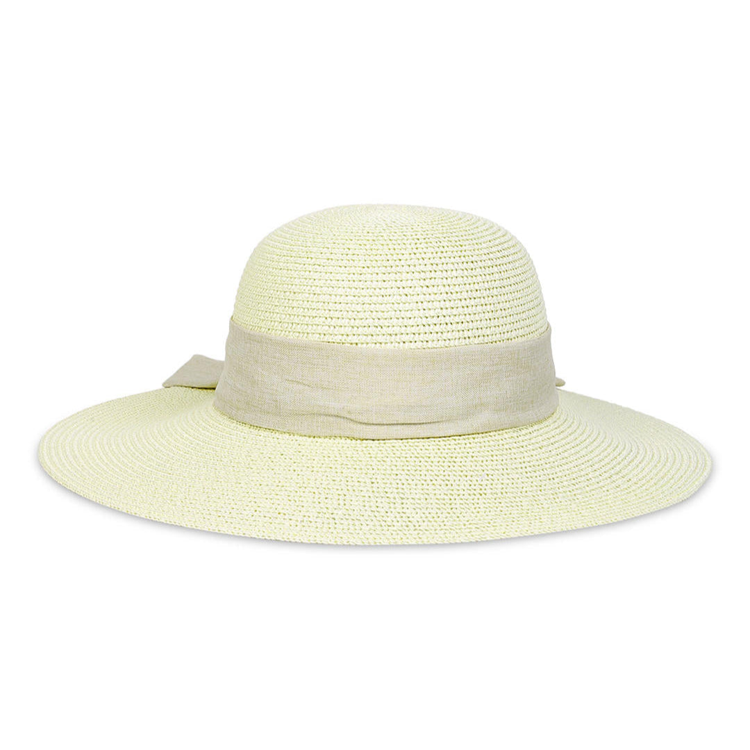A white beach hat with a tan scarf tied around the base, made from woven straw material.
