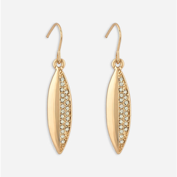 Gold earrings with diamond-like stones on a white background. ToniQ jewellery is skin safe, nickel free, cadmium free, hypoallergenic, and lab tested for your comfort and trust.