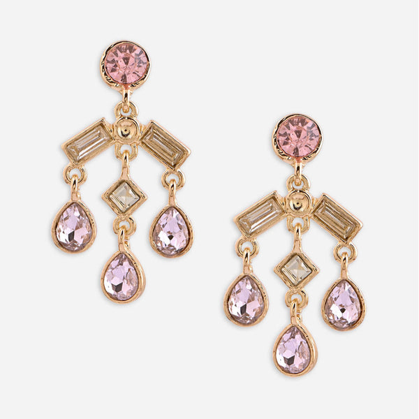 Pair of gold chandelier earrings with pink gemstones on a white background. ToniQ jewellery is skin safe, nickel free, cadmium free, hypoallergenic, and lab tested for your comfort and trust.