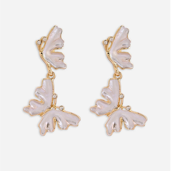 Butterfly-shaped earrings with gold accents on a white background. ToniQ jewellery is skin safe, nickel free, cadmium free, hypoallergenic, and lab tested for your comfort and trust.