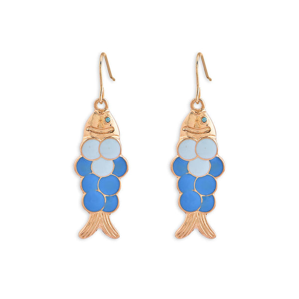 Gold fish-shaped earrings with blue and light blue scales on a white background. ToniQ jewellery is skin safe, nickel free, cadmium free, hypoallergenic, and lab tested for your comfort and trust.