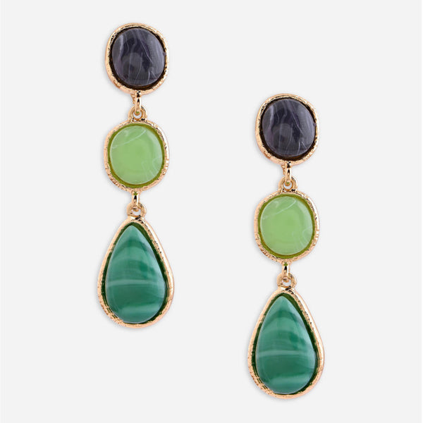 Pair of earrings with green and black stones on a white background. ToniQ jewellery is skin safe, nickel free, cadmium free, hypoallergenic, and lab tested for your comfort and trust.