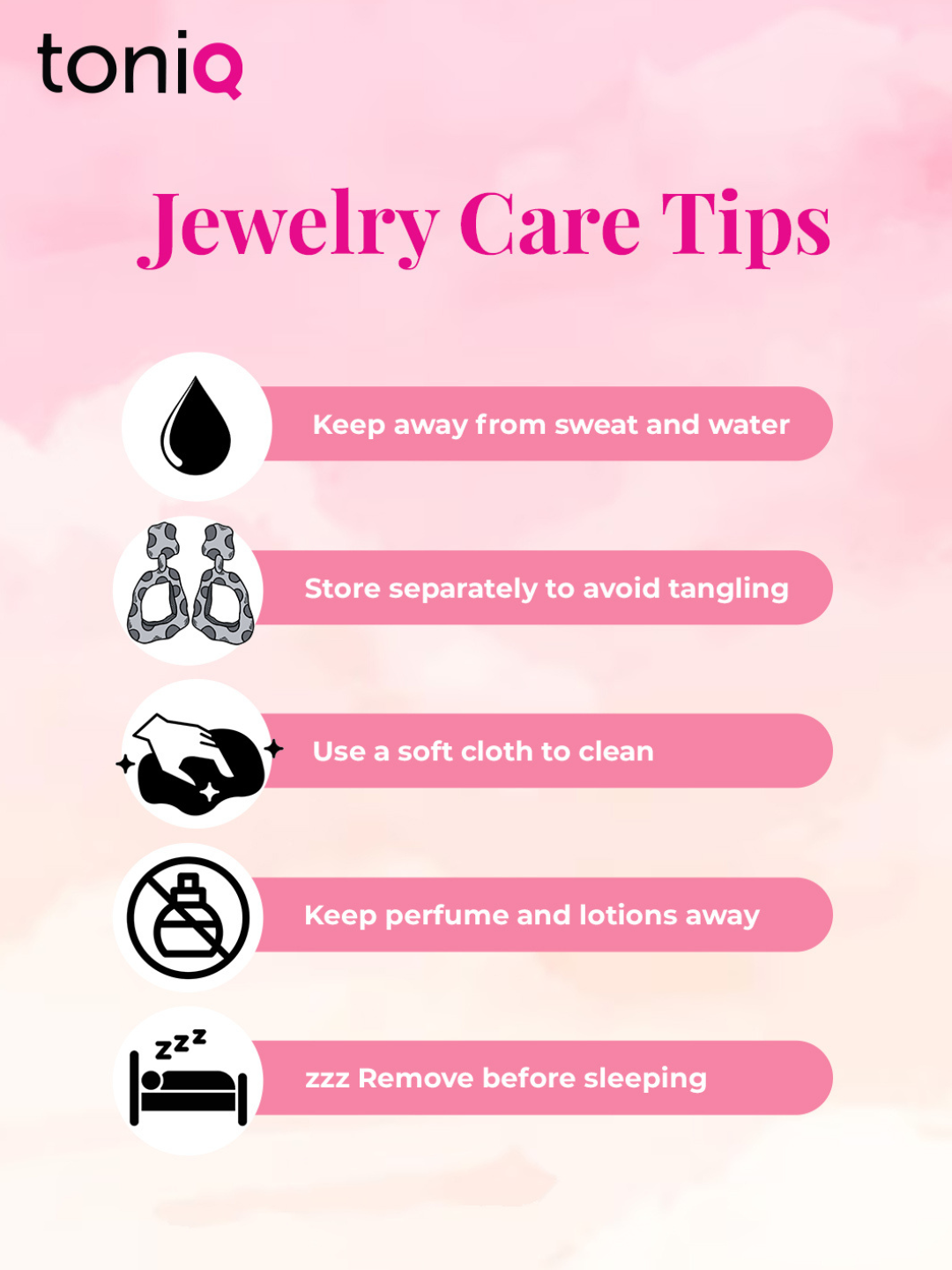 Jewelry care tips with icons and text on a pink background, featuring the brand 'toniQ'.