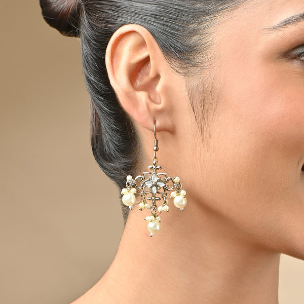 Kundan & Pearl Geometric Drop Earrings