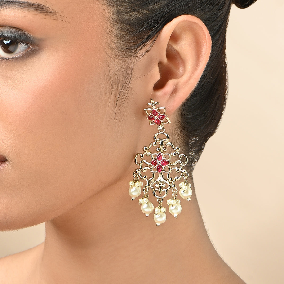 Gold-Tone Red Stone & Pearl Drop Earrings