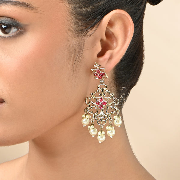 Gold-Tone Red Stone & Pearl Drop Earrings