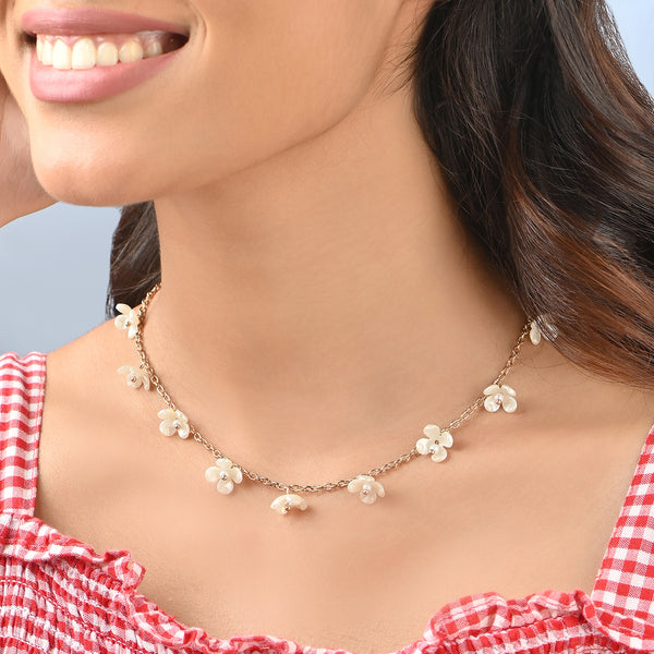 Gold-Toned Floral Choker Necklace with Pearl Beads